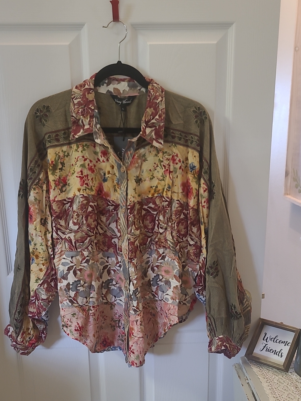 NWT Young Threads Floral Patchwork Button-Up Top in Olive & Burgundy. Bin 6